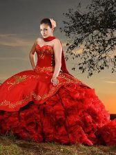 Sweetheart Sleeveless Brush Train Lace Up Ball Gown Prom Dress Red Organza and Taffeta