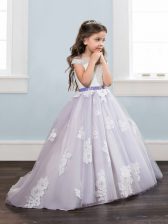  Scoop Lavender Little Girl Pageant Dress Tulle Brush Train Cap Sleeves Beading and Lace