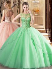  Scoop Sleeveless Beading Lace Up Sweet 16 Quinceanera Dress with Apple Green Brush Train