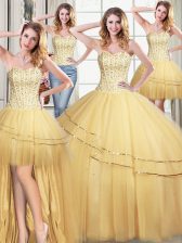  Four Piece Sleeveless Floor Length Beading and Sequins Lace Up Sweet 16 Quinceanera Dress with Gold