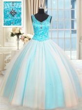 Custom Design White and Blue Ball Gowns Sleeveless Tulle Floor Length Lace Up Beading 15th Birthday Dress