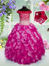  Fuchsia Off The Shoulder Neckline Beading and Hand Made Flower Girls Pageant Dresses Sleeveless Lace Up