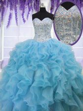 Designer Sequins Sweetheart Sleeveless Lace Up Sweet 16 Dresses Baby Blue Organza
