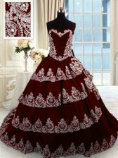 High Quality Wine Red Ball Gowns Beading and Appliques and Ruffled Layers Vestidos de Quinceanera Lace Up Taffeta Sleeveless With Train
