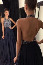  Halter Top Sleeveless Prom Evening Gown With Train Sweep Train Beading Black Satin