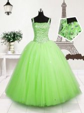  Straps Sleeveless Tulle Kids Pageant Dress Beading and Sequins Lace Up