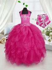 Stylish Ball Gowns Little Girl Pageant Gowns Fuchsia Halter Top Organza Sleeveless Floor Length Lace Up