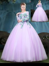 Romantic Scoop Lilac Long Sleeves Tulle Lace Up Quince Ball Gowns for Military Ball and Sweet 16 and Quinceanera