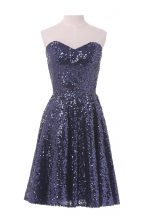 Navy Blue Sequined Lace Up Sweetheart Sleeveless Knee Length Prom Party Dress Sequins