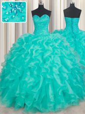 Flare Ball Gowns Ball Gown Prom Dress Turquoise Sweetheart Organza Sleeveless Floor Length Lace Up