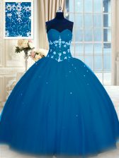 Flare Blue Sleeveless Tulle Lace Up Sweet 16 Dresses for Military Ball and Sweet 16 and Quinceanera