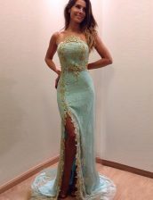 Scoop Lace Column/Sheath Sleeveless Turquoise Prom Dresses Brush Train Zipper