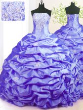 Sophisticated Lavender Lace Up Strapless Beading and Pick Ups Ball Gown Prom Dress Taffeta Sleeveless Sweep Train