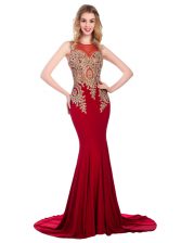 Inexpensive Scoop Elastic Woven Satin Sleeveless With Train Prom Party Dress Brush Train and Lace and Appliques