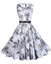Suitable White And Black A-line Chiffon Scoop Sleeveless Sashes ribbons and Pattern Knee Length Zipper Evening Dress
