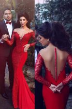  Mermaid Scoop Long Sleeves Dress for Prom With Train Sweep Train Beading Red Elastic Woven Satin
