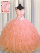 Classical See Through Zipper Up Floor Length Watermelon Red Quinceanera Dress Tulle Sleeveless Beading and Ruffles
