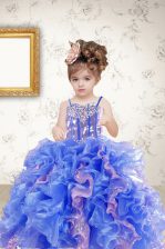 Super Multi-color Ball Gowns Organza Spaghetti Straps Sleeveless Beading and Ruffles and Sequins Floor Length Lace Up Little Girls Pageant Dress Wholesale