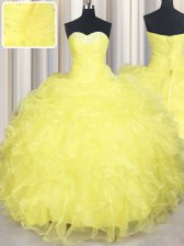 Discount Floor Length Lace Up Quinceanera Gowns Yellow for Military Ball and Sweet 16 and Quinceanera with Beading and Ruffles