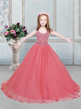 Graceful Scoop Beading Little Girls Pageant Dress Wholesale Watermelon Red Lace Up Sleeveless Floor Length