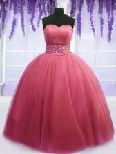 Pink Ball Gowns Tulle Sweetheart Sleeveless Beading and Belt Floor Length Lace Up Quinceanera Gown