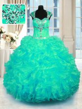 Flirting Turquoise Ball Gowns Beading and Ruffles Ball Gown Prom Dress Lace Up Organza Cap Sleeves Floor Length
