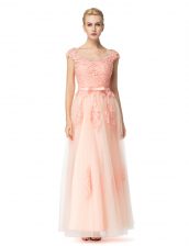  Scoop Peach Zipper Prom Gown Lace Cap Sleeves Floor Length