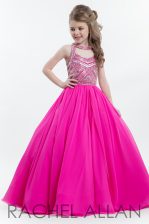 New Arrival Hot Pink A-line Chiffon Scoop Sleeveless Beading Floor Length Zipper Girls Pageant Dresses