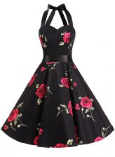 Custom Designed Halter Top Knee Length A-line Sleeveless Black Dress for Prom Zipper