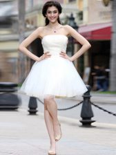 Chic Strapless Sleeveless Dress for Prom Knee Length Beading White Chiffon