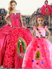 Fashionable Organza Sweetheart Sleeveless Lace Up Beading and Embroidery and Ruffles Quinceanera Dress in Coral Red