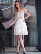 Shining White Organza Zipper Prom Gown Sleeveless Knee Length Lace and Appliques