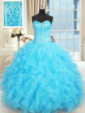 Unique Organza Sweetheart Sleeveless Lace Up Beading and Ruffles and Ruffled Layers Vestidos de Quinceanera in Aqua Blue