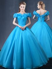 Latest Off the Shoulder Cap Sleeves Lace Up Floor Length Appliques Sweet 16 Dresses