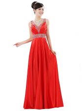 Customized Red Prom and Party with Beading V-neck Sleeveless Zipper