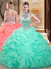  Halter Top Sleeveless Organza Sweet 16 Quinceanera Dress Beading and Ruffles and Pick Ups Lace Up