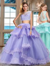  Lavender Zipper 15th Birthday Dress Lace and Appliques and Ruffled Layers Cap Sleeves Floor Length