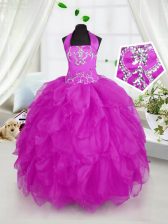  Halter Top Sleeveless Organza Child Pageant Dress Appliques and Ruffles Lace Up
