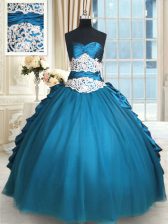 Nice Teal Ball Gowns Sweetheart Sleeveless Taffeta and Tulle Floor Length Lace Up Beading and Lace and Appliques and Ruching Sweet 16 Dresses