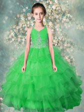  Halter Top Floor Length Green Kids Pageant Dress Organza Sleeveless Beading and Ruffled Layers