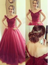 Fashion Fuchsia Off The Shoulder Neckline Appliques Prom Gown Sleeveless Lace Up