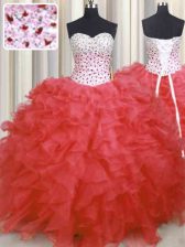 Stunning Sweetheart Sleeveless Sweet 16 Dresses Floor Length Beading and Ruffles Watermelon Red Organza