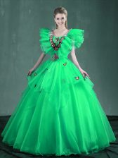 Dramatic Square Organza Sleeveless Floor Length Quinceanera Dress and Embroidery