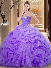 Excellent Lavender Sweetheart Neckline Beading and Ruffles and Pick Ups Ball Gown Prom Dress Sleeveless Lace Up