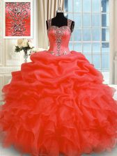  Red Sleeveless Beading and Ruffles Floor Length Sweet 16 Dress