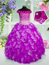  Off the Shoulder Lavender Ball Gowns Beading and Hand Made Flower Little Girls Pageant Gowns Lace Up Organza Sleeveless Floor Length