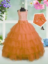 Cheap Beading and Ruffled Layers and Bowknot Child Pageant Dress Orange Zipper Sleeveless Floor Length