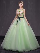 Great Yellow Green Ball Gowns Scoop Sleeveless Organza Floor Length Lace Up Appliques 15 Quinceanera Dress