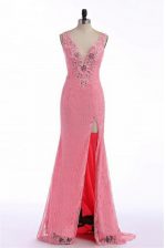 New Style Sleeveless Organza Sweep Train Backless Prom Evening Gown in Rose Pink with Lace and Appliques