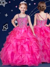  Hot Pink Ball Gowns Asymmetric Sleeveless Organza Floor Length Zipper Beading and Ruffles Little Girls Pageant Dress Wholesale